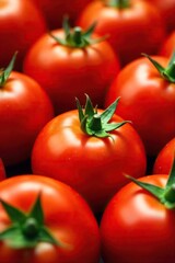 A vibrant close-up of perfectly ripe, red tomatoes, glistening with freshness and displaying their natural texture Ideal for culinary, food, and healthy lifestyle themes , food, tomatoes, produce