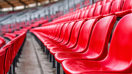 Rows of empty red stadium seats curving into the distance in natural light.
