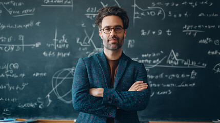 Confident male math teacher standing in front of a blackboard filled with equations.
