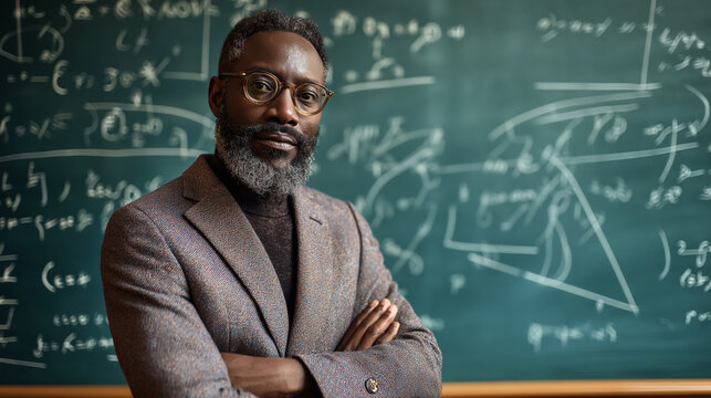 Confident male math teacher standing in front of a blackboard filled with equations.
