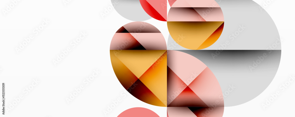 Poster Abstract geometric composition. Overlapping circles, triangles create dynamic visual effect. Warm, cool tones blend seamlessly. Minimalist design.