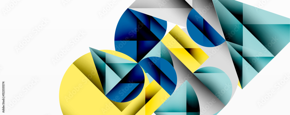 Poster Abstract geometric composition. Shapes overlap, creating dynamic visual effect. Blue, yellow, gray dominate design. Modern aesthetic.