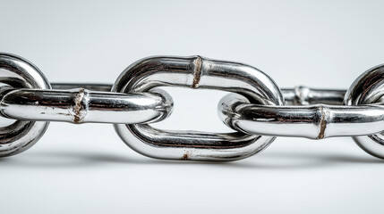 Close-up of a shiny metal chain on a white background symbolizing strength and connection.
