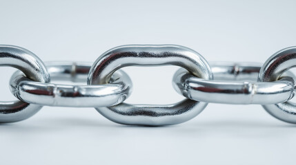 Obraz premium Close-up of a shiny metal chain on a white background symbolizing strength and connection. 