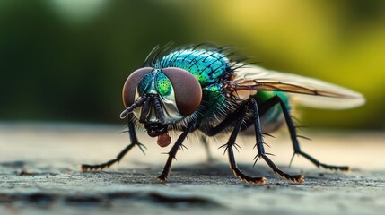 A close up photograph of a vibrant green fly insect