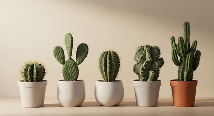 Fototapeta premium Five Succulents in Pots, Beige Background