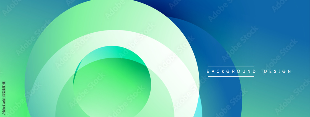 Poster Abstract gradient layers create dynamic visual effect. Blue, green hues blend seamlessly, forming circular shapes. Minimalist design.