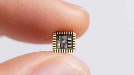 Fingers delicately pinching a very small nano chip, captured in a macro studio shot detail.