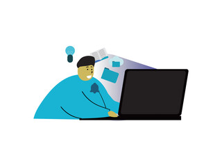College Student Doing Digital Learning at Home with Laptop and Educational Icons – Flat Illustration

