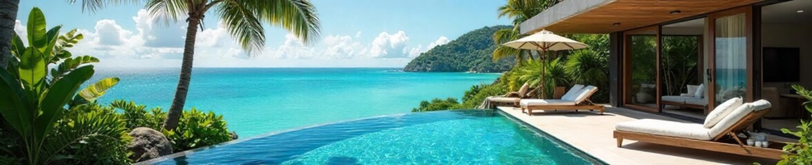 Fototapeta premium Luxury villa with private pool, stunning ocean views, spacious interiors, and lush tropical gardens Perfect for a relaxing getaway , ocean view, water, breathtaking