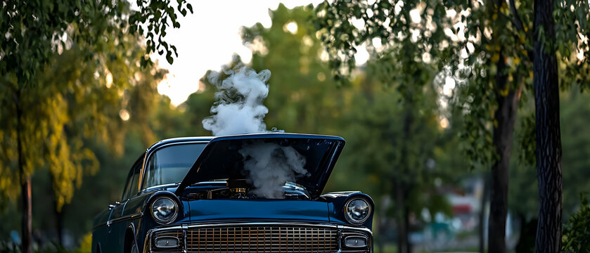 Broken Down Classic Blue Car With Smoke