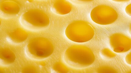 Close-up of Swiss cheese with iconic holes and creamy yellow texture.
