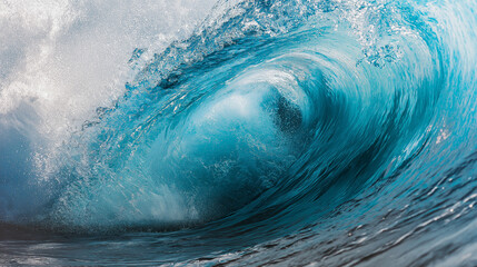 Powerful ocean wave curling and crashing with dynamic energy under cloudy sky.
