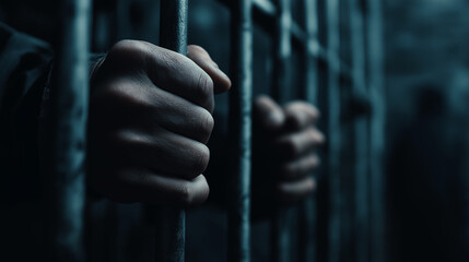 Hands gripping prison bars in low light representing incarceration and confinement.
