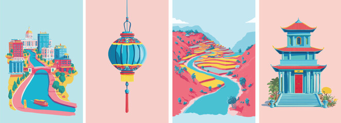 Fototapeta premium colorful china travel illustration with landmarks and cultural symbols