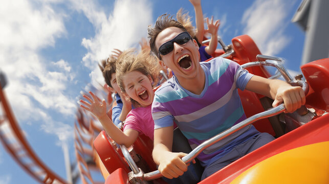 Excited people riding roller coaster on a sunny day with arms raised and smiles.
