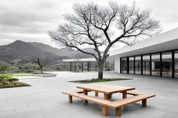 Obraz premium Modern building courtyard with picnic table and tree