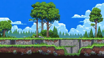 Pixel Art Forest Landscape with Towering Trees, Layered Cliffs and Bright Sky - 2D Game Background.