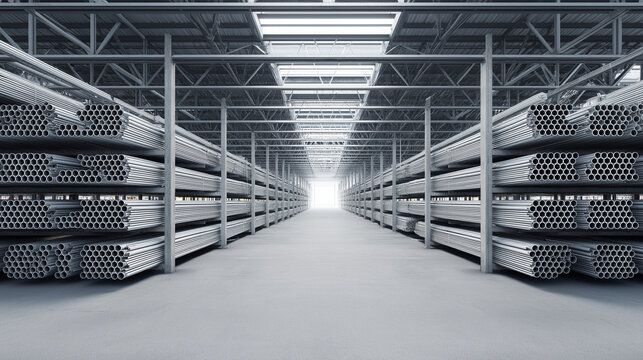 Symmetrical view of stacked steel pipes in a large warehouse with industrial lighting and perspective depth.
