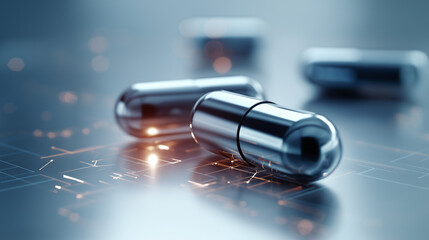Glossy silver capsules lying on a reflective surface in a bright, clinical environment, evoking futuristic medicine or technology.
