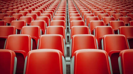 Fototapeta premium Symmetrical pattern of empty red plastic stadium seats in rows, creating a bold geometric perspective. 