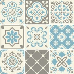 Aqua Blue and Mint Green Vintage Tile Pattern Set – Mediterranean Decorative Vector