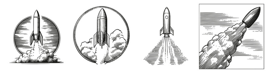 Vintage Rocket Illustrations in Various Styles and Perspectives, Logo Design, Hand drawing Engraving, Vector Illustration Isolated Object