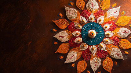 Janmashtami Festival, Traditional Indian Rangoli Design with Orange and White Floral Patterns, Festive Diwali Floor Decoration, Cultural Art for Celebration, Festival, or Ethnic Heritage Background