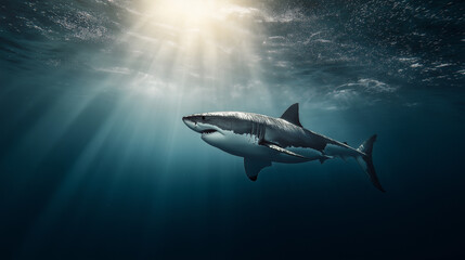 Fototapeta premium Powerful great white shark gliding through deep blue ocean waters as sun rays penetrate from above, creating a dramatic underwater scene. 