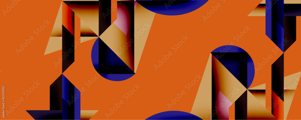 Aufkleber Abstract geometric composition. Orange background features intersecting shapesrectangles, triangles, curves. Dark blue, gold accents create dynamic visual texture. Modern design.
