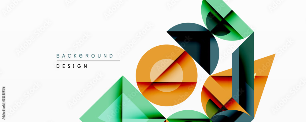 Poster abstract geometric shapes overlap creating dynamic composition. orange, teal, navy hues dominate des