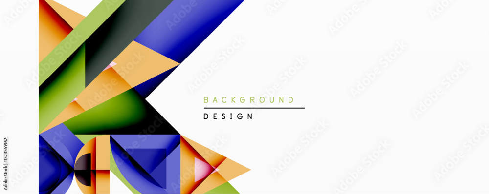 Poster abstract geometric shapes overlap, creating dynamic composition. vivid colorsorange, green, bluecont