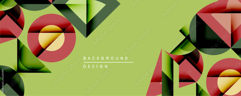 Poster Abstract geometric composition. Overlapping shapes create dynamic visual effect. Red, green, black hues dominate pale yellow backdrop. Modern design element.