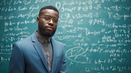 Young man with glasses standing in front of a chalkboard filled with complex mathematical equations, looking upward in deep thought.
