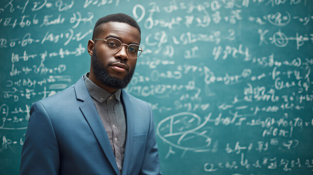 Young man with glasses standing in front of a chalkboard filled with complex mathematical equations, looking upward in deep thought.
