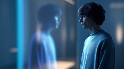Fototapeta premium Young man in a futuristic room observing his digital reflection, exploring themes of identity, technology, and isolation. 