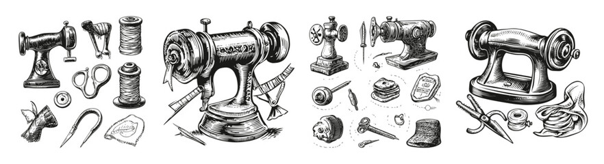 Vintage Sewing Tools and Accessories Illustrated Sketch Design, vector illustration, engraving design, logo design set, black and white line, template design element