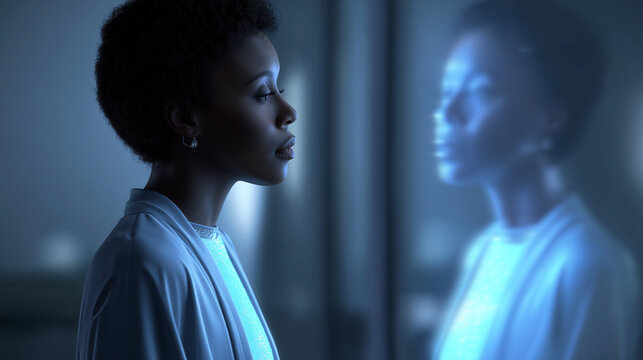 Contemplative woman gazing at her soft reflection in a glass surface, surrounded by futuristic blue lighting.
