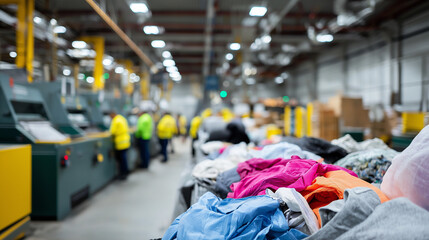 Large-scale textile recycling facility with conveyor belt full of used clothes and workers in yellow vests operating in the background.
