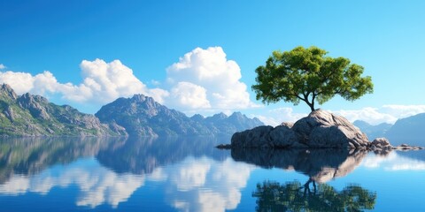 Solitary tree on lake island mountain background peaceful nature scene