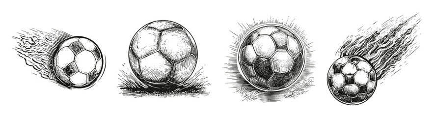 Dynamic Soccer Ball Motion Sequence Illustrating Action and Impact, vector illustration, engraving design, logo design set, black and white line, template design element
