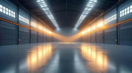 Empty industrial warehouse with bright lights and reflective floor