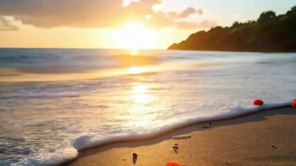 Scenic beach sunset with red flowers and petals scattered on wet sand near gentle waves, a peaceful and reflective scene during golden hour