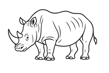 A black and white vector illustration of a rhinoceros, outlined in bold black lines, highlighting its thick skin, large horn, and strong body.


