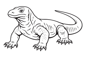 A black and white vector illustration of a Komodo dragon, outlined in thick black lines, showcasing its rough texture and powerful body.

