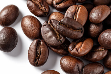 Fototapeta premium Close-up of premium roasted coffee beans on white background, high contrast studio still life photo