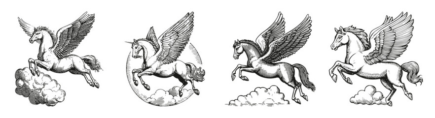 Vintage Illustrations of Mythical Winged Horses in Flight, vector illustration, engraving design, logo design set, black and white line