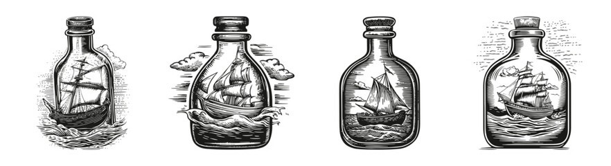 Vintage Bottles with Sailing Ships in Classic Black and White Design, vector illustration, engraving design, logo design set, black and white line