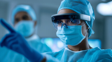 Surgeon in AR glasses interacting with digital interface during operation in modern surgical room.

