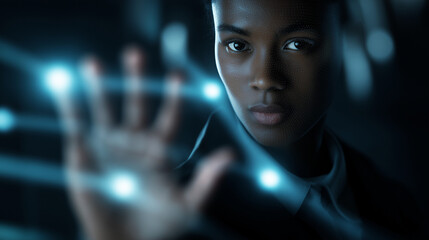 Businessman using futuristic biometric interface with glowing digital hand scan.

